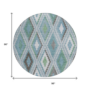 HomeRoots 8' Teal Blue Ivory & Green Round Geometric Washable Area Rug – Durable, Stylish for Indoor & Outdoor Use 659738