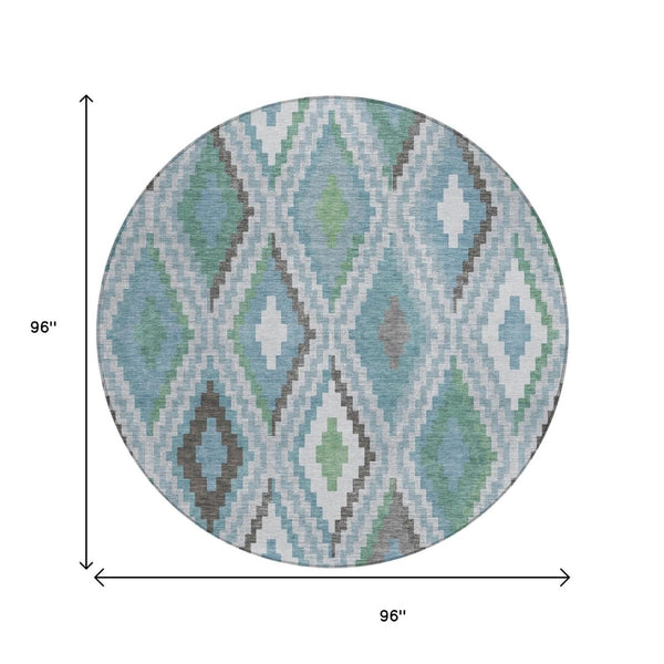 HomeRoots 8' Teal Blue Ivory & Green Round Geometric Washable Area Rug – Durable, Stylish for Indoor & Outdoor Use 659738