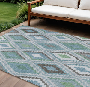 HomeRoots 10' Geometric Teal Blue, Ivory & Green Washable Area Rug for Indoor/Outdoor Use - Durable & Stylish! 659741