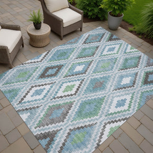 HomeRoots 10' Geometric Teal Blue, Ivory & Green Washable Area Rug for Indoor/Outdoor Use - Durable & Stylish! 659741