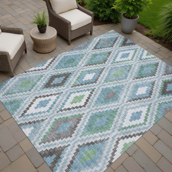 HomeRoots 10' Geometric Teal Blue, Ivory & Green Washable Area Rug for Indoor/Outdoor Use - Durable & Stylish! 659741