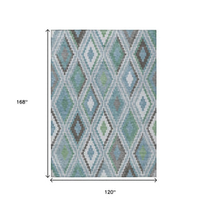 HomeRoots 10' Geometric Teal Blue, Ivory & Green Washable Area Rug for Indoor/Outdoor Use - Durable & Stylish! 659741