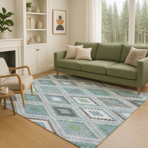 HomeRoots 10' Geometric Teal Blue, Ivory & Green Washable Area Rug for Indoor/Outdoor Use - Durable & Stylish! 659741
