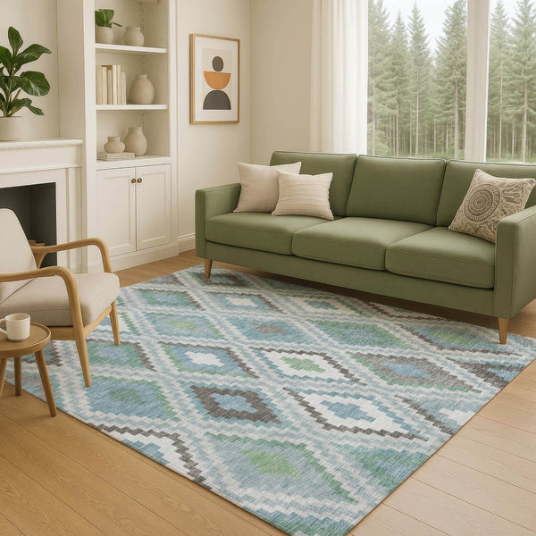 HomeRoots 10' Geometric Teal Blue, Ivory & Green Washable Area Rug for Indoor/Outdoor Use - Durable & Stylish! 659741