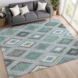 HomeRoots 10' Geometric Teal Blue, Ivory & Green Washable Area Rug for Indoor/Outdoor Use - Durable & Stylish! 659741