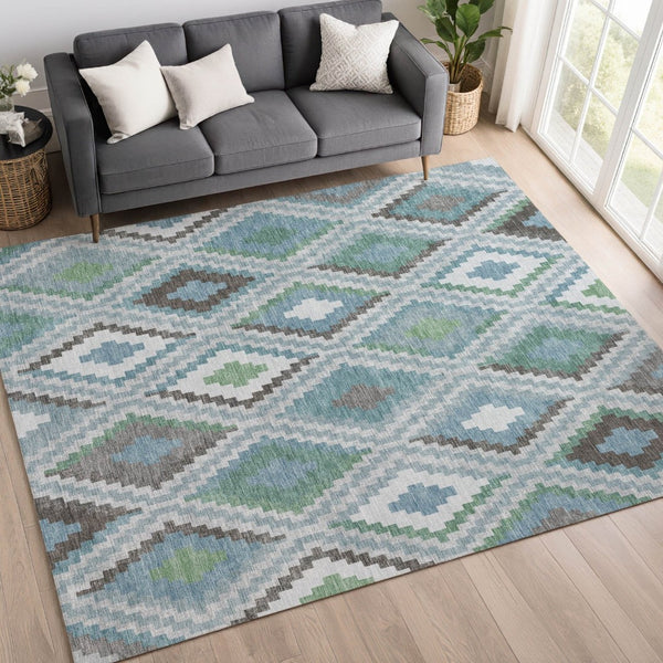 HomeRoots 10' Geometric Teal Blue, Ivory & Green Washable Area Rug for Indoor/Outdoor Use - Durable & Stylish! 659741