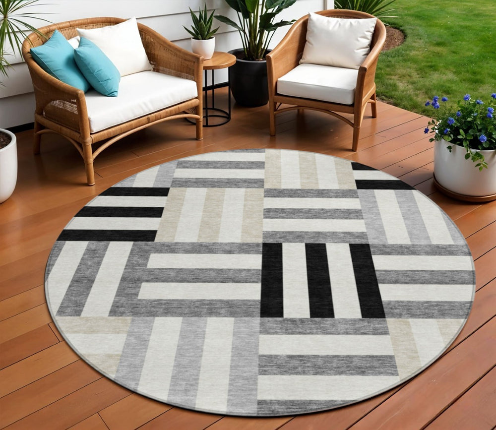 HomeRoots 8' Round Geometric Area Rug in Black, Beige & Ivory – Stylish, Washable, Durable for Indoor & Outdoor Use 659744