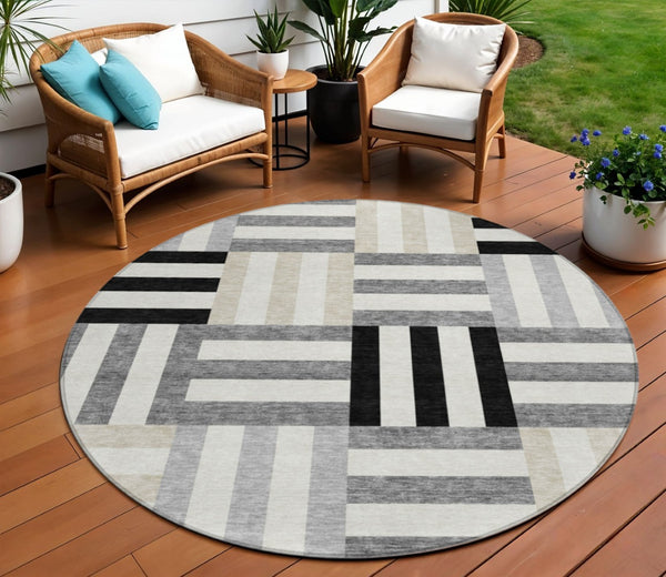 HomeRoots 8' Round Geometric Area Rug in Black, Beige & Ivory – Stylish, Washable, Durable for Indoor & Outdoor Use 659744