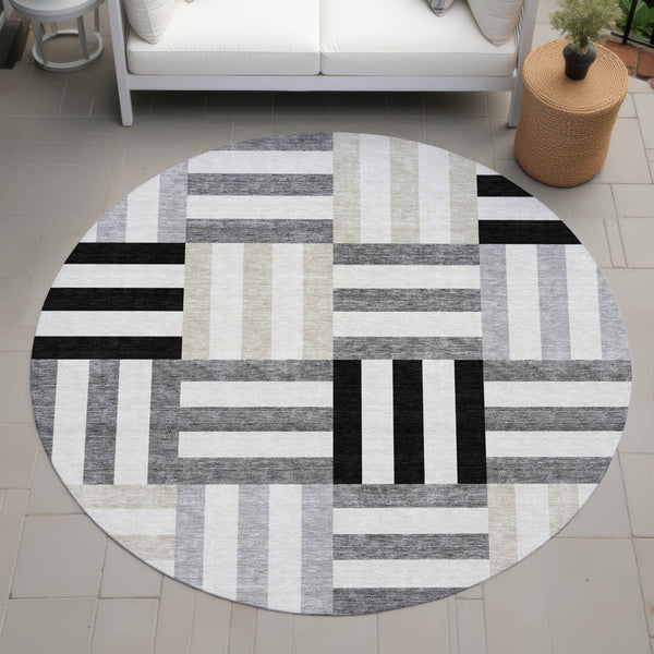 HomeRoots 8' Round Geometric Area Rug in Black, Beige & Ivory – Stylish, Washable, Durable for Indoor & Outdoor Use 659744