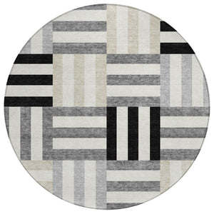 HomeRoots 8' Round Geometric Area Rug in Black, Beige & Ivory – Stylish, Washable, Durable for Indoor & Outdoor Use 659744