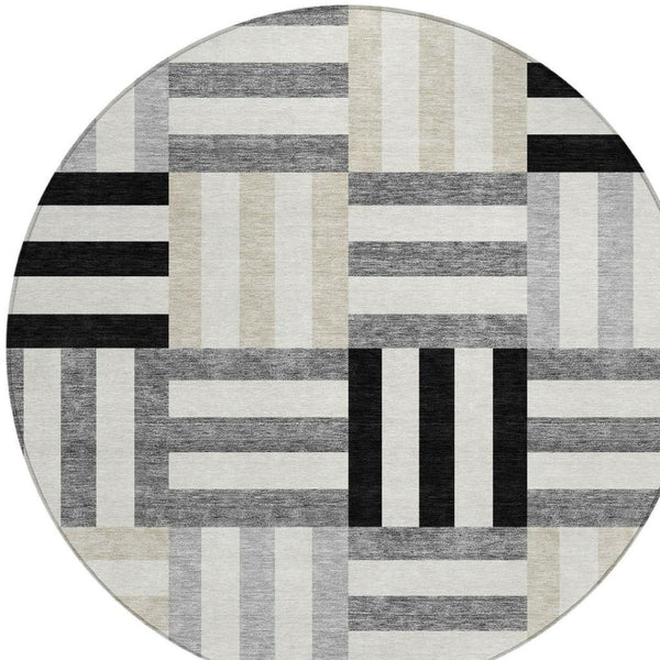 HomeRoots 8' Round Geometric Area Rug in Black, Beige & Ivory – Stylish, Washable, Durable for Indoor & Outdoor Use 659744