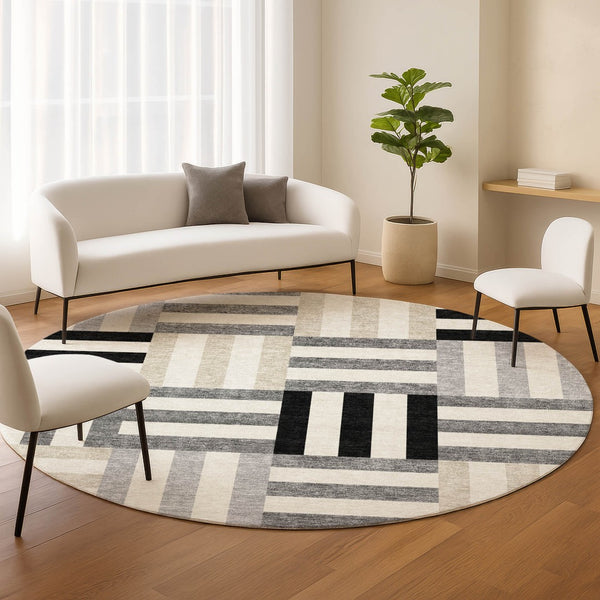 HomeRoots 8' Round Geometric Area Rug in Black, Beige & Ivory – Stylish, Washable, Durable for Indoor & Outdoor Use 659744