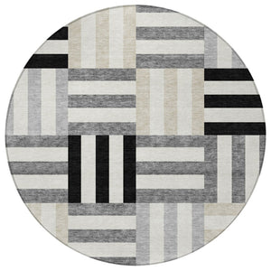 HomeRoots 8' Round Geometric Area Rug in Black, Beige & Ivory – Stylish, Washable, Durable for Indoor & Outdoor Use 659744
