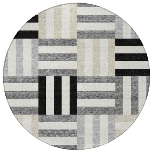 HomeRoots 8' Round Geometric Area Rug in Black, Beige & Ivory – Stylish, Washable, Durable for Indoor & Outdoor Use 659744