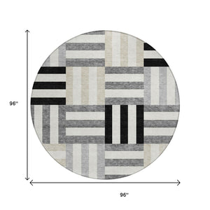 HomeRoots 8' Round Geometric Area Rug in Black, Beige & Ivory – Stylish, Washable, Durable for Indoor & Outdoor Use 659744