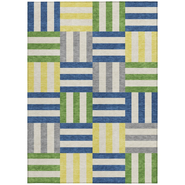 HomeRoots 5' Contemporary Blue, Yellow & Green Geometric Indoor/Outdoor Area Rug - Washable & Durable Design 659749