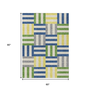 HomeRoots 5' Contemporary Blue, Yellow & Green Geometric Indoor/Outdoor Area Rug - Washable & Durable Design 659749