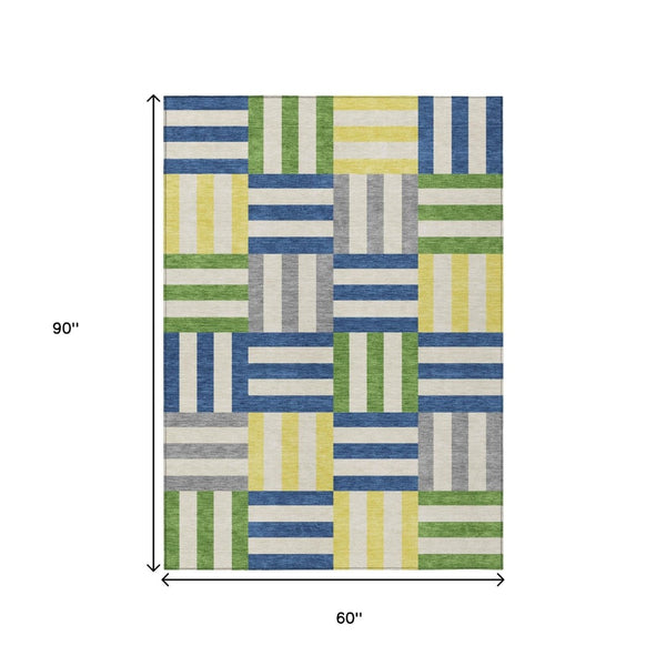 HomeRoots 5' Contemporary Blue, Yellow & Green Geometric Indoor/Outdoor Area Rug - Washable & Durable Design 659749