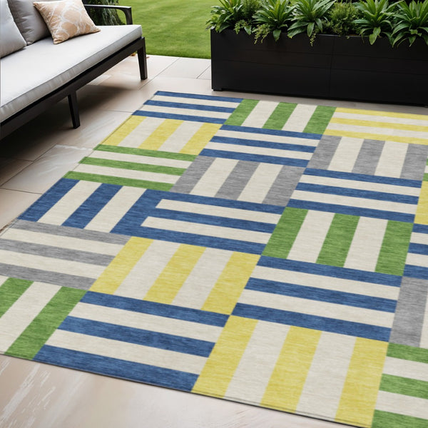 HomeRoots 5' Contemporary Blue, Yellow & Green Geometric Indoor/Outdoor Area Rug - Washable & Durable Design 659749