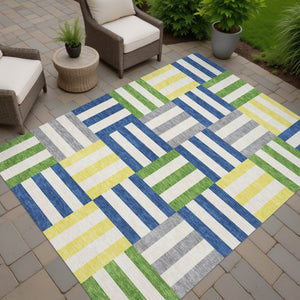 HomeRoots 5' Contemporary Blue, Yellow & Green Geometric Indoor/Outdoor Area Rug - Washable & Durable Design 659749