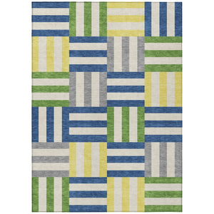 HomeRoots 5' Contemporary Blue, Yellow & Green Geometric Indoor/Outdoor Area Rug - Washable & Durable Design 659749
