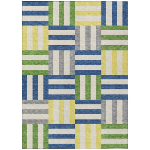 HomeRoots 5' Contemporary Blue, Yellow & Green Geometric Indoor/Outdoor Area Rug - Washable & Durable Design 659749