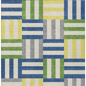HomeRoots 5' Contemporary Blue, Yellow & Green Geometric Indoor/Outdoor Area Rug - Washable & Durable Design 659749