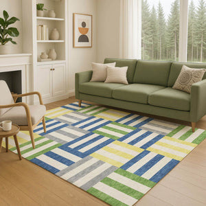 HomeRoots 5' Contemporary Blue, Yellow & Green Geometric Indoor/Outdoor Area Rug - Washable & Durable Design 659749