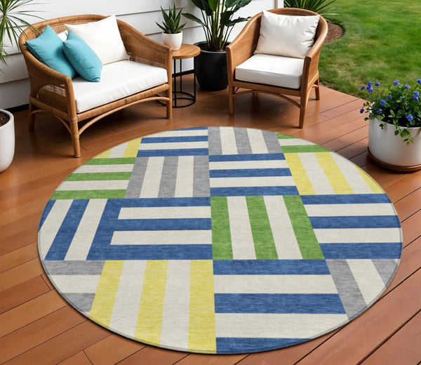 HomeRoots 8' Vibrant Round Geometric Area Rug in Blue, Yellow & Green – Washable for Indoor & Outdoor Use! 659750