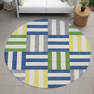HomeRoots 8' Vibrant Round Geometric Area Rug in Blue, Yellow & Green – Washable for Indoor & Outdoor Use! 659750