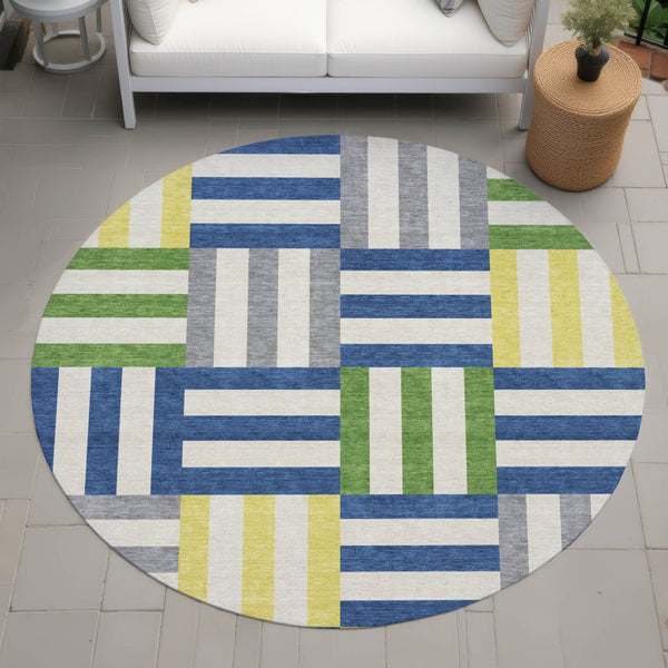 HomeRoots 8' Vibrant Round Geometric Area Rug in Blue, Yellow & Green – Washable for Indoor & Outdoor Use! 659750