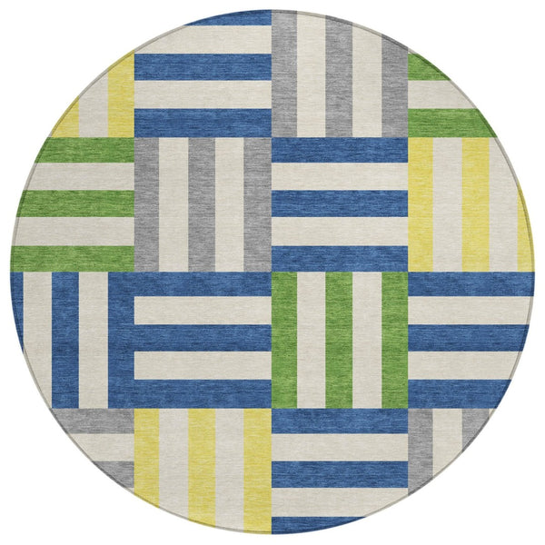 HomeRoots 8' Vibrant Round Geometric Area Rug in Blue, Yellow & Green – Washable for Indoor & Outdoor Use! 659750