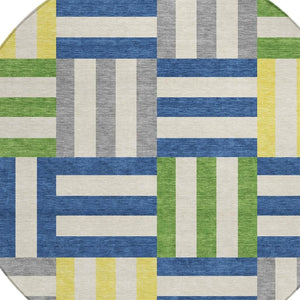 HomeRoots 8' Vibrant Round Geometric Area Rug in Blue, Yellow & Green – Washable for Indoor & Outdoor Use! 659750