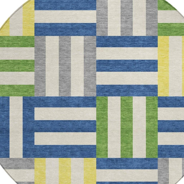 HomeRoots 8' Vibrant Round Geometric Area Rug in Blue, Yellow & Green – Washable for Indoor & Outdoor Use! 659750