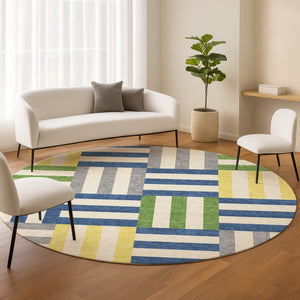 HomeRoots 8' Vibrant Round Geometric Area Rug in Blue, Yellow & Green – Washable for Indoor & Outdoor Use! 659750