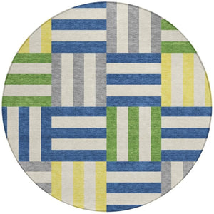 HomeRoots 8' Vibrant Round Geometric Area Rug in Blue, Yellow & Green – Washable for Indoor & Outdoor Use! 659750