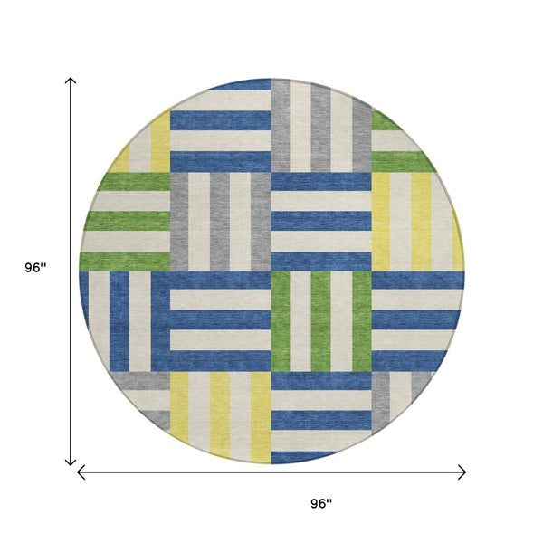 HomeRoots 8' Vibrant Round Geometric Area Rug in Blue, Yellow & Green – Washable for Indoor & Outdoor Use! 659750