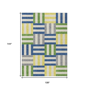 HomeRoots 9' Vibrant Geometric Area Rug in Blue, Yellow & Green - Washable Indoor/Outdoor Durable Design 659752