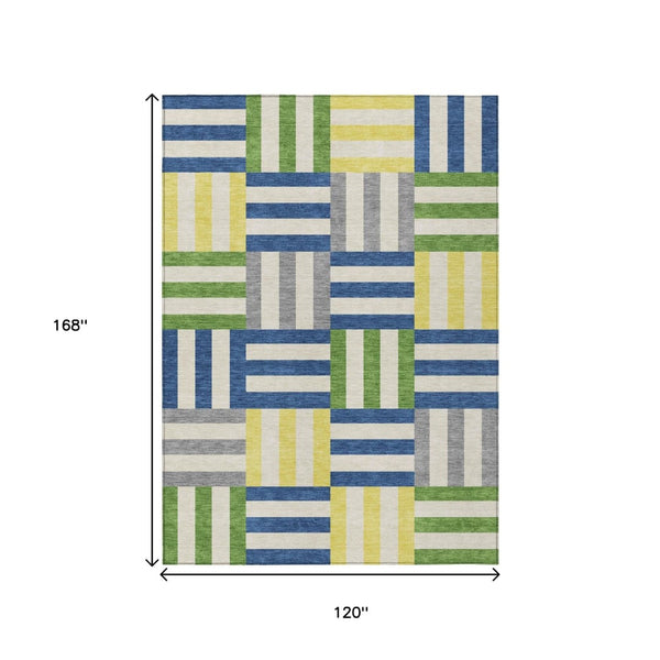 HomeRoots 10' Geometric Washable Area Rug in Blue, Yellow & Green – Durable Indoor/Outdoor Comfort & Style! 659753