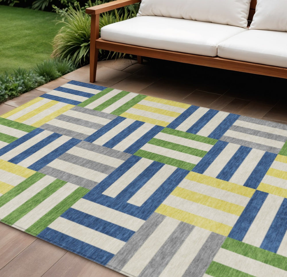 HomeRoots 10' Geometric Washable Area Rug in Blue, Yellow & Green – Durable Indoor/Outdoor Comfort & Style! 659753