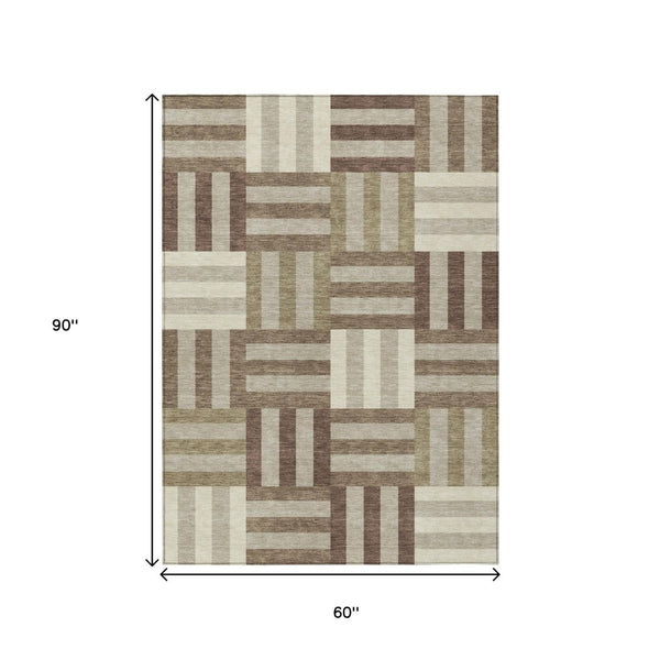 HomeRoots 5' Stylish Brown Beige Ivory Geometric Area Rug - Washable Indoor/Outdoor Mat for High-Traffic Spaces 659755