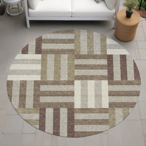 HomeRoots 8' Round Geometric Area Rug in Brown, Beige, and Ivory – Durable, Washable, Indoor/Outdoor Style! 659756
