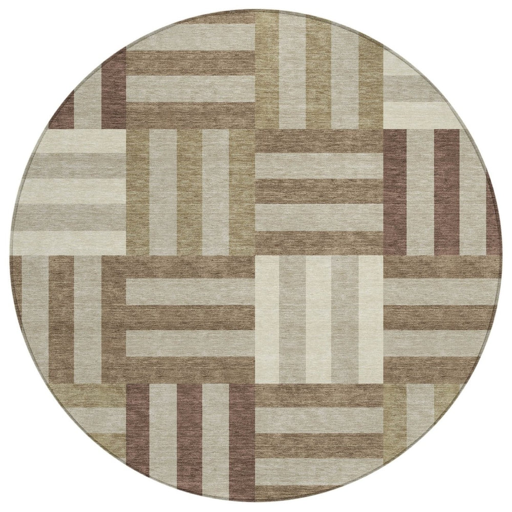HomeRoots 8' Round Geometric Area Rug in Brown, Beige, and Ivory – Durable, Washable, Indoor/Outdoor Style! 659756