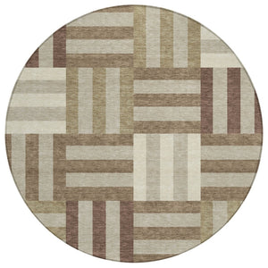 HomeRoots 8' Round Geometric Area Rug in Brown, Beige, and Ivory – Durable, Washable, Indoor/Outdoor Style! 659756