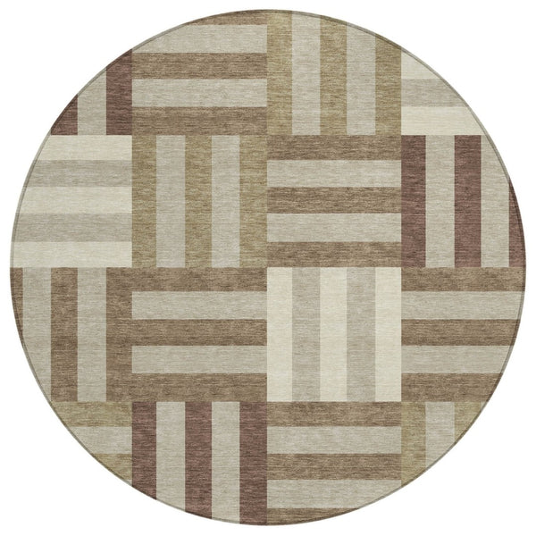 HomeRoots 8' Round Geometric Area Rug in Brown, Beige, and Ivory – Durable, Washable, Indoor/Outdoor Style! 659756
