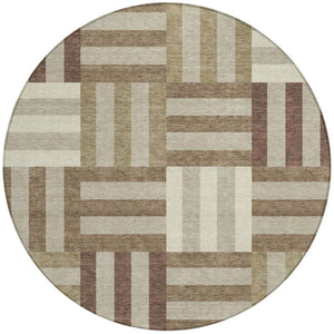HomeRoots 8' Round Geometric Area Rug in Brown, Beige, and Ivory – Durable, Washable, Indoor/Outdoor Style! 659756