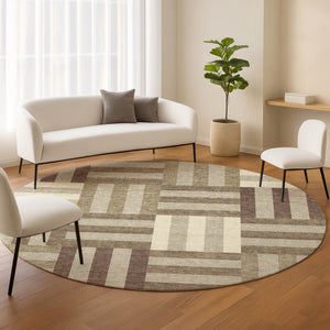HomeRoots 8' Round Geometric Area Rug in Brown, Beige, and Ivory – Durable, Washable, Indoor/Outdoor Style! 659756