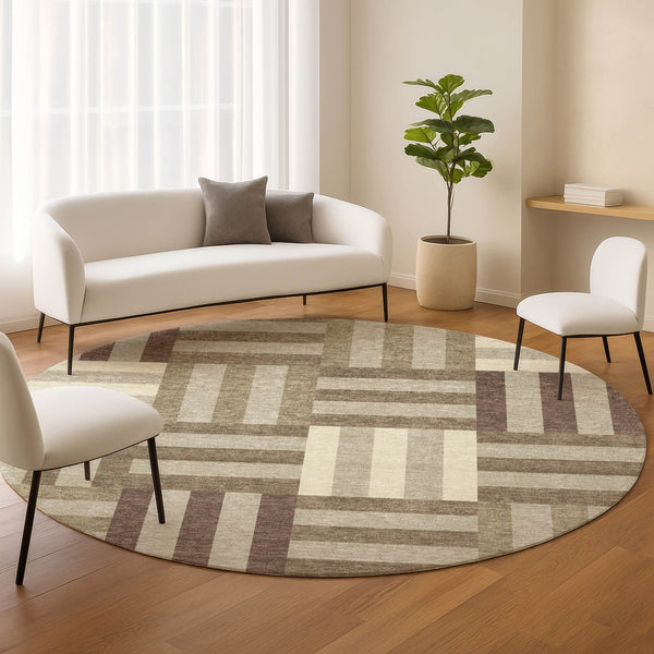 HomeRoots 8' Round Geometric Area Rug in Brown, Beige, and Ivory – Durable, Washable, Indoor/Outdoor Style! 659756
