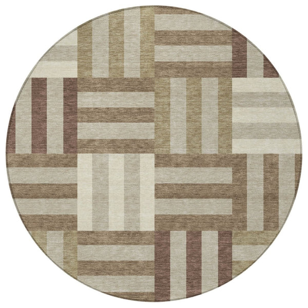 HomeRoots 8' Round Geometric Area Rug in Brown, Beige, and Ivory – Durable, Washable, Indoor/Outdoor Style! 659756