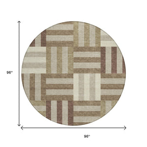 HomeRoots 8' Round Geometric Area Rug in Brown, Beige, and Ivory – Durable, Washable, Indoor/Outdoor Style! 659756